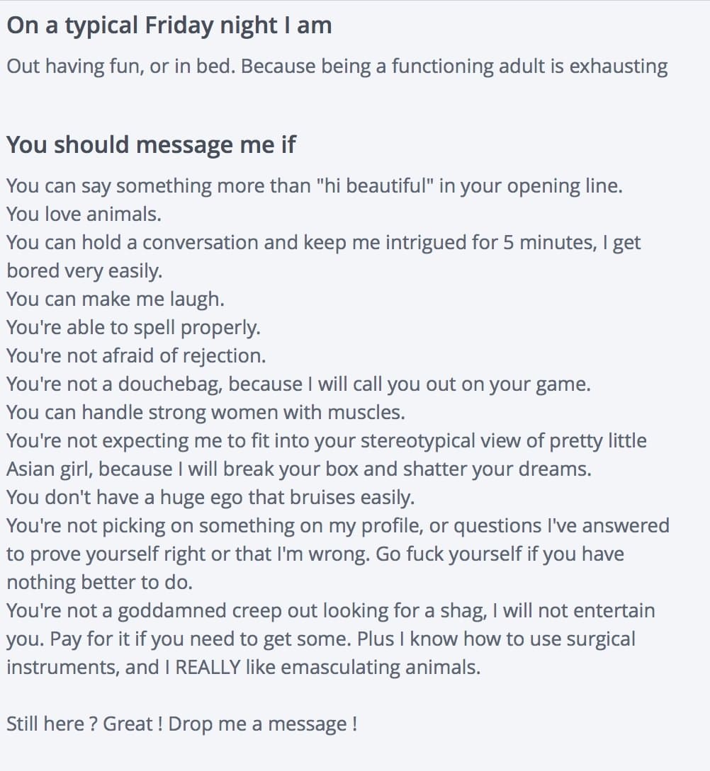 Tinder profile bio listing a long set of demands and dealbreakers, a sign of a picky match to avoid