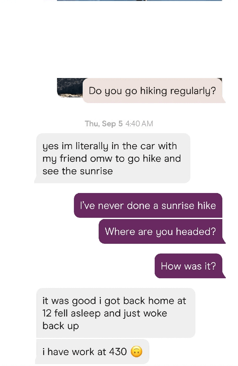 Tinder conversation screenshot full of purposeless information exchange