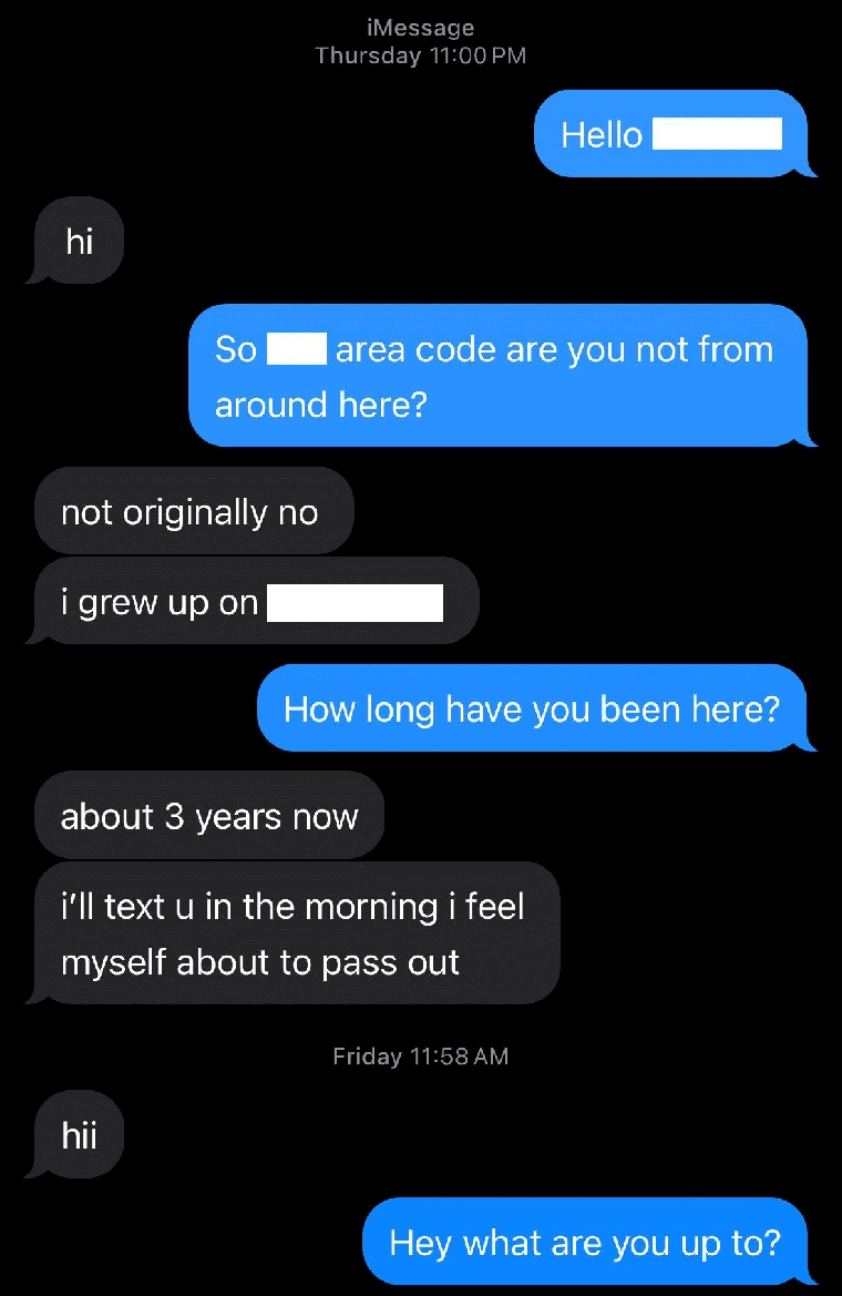 Tinder conversation screenshot full of purposeless information exchange