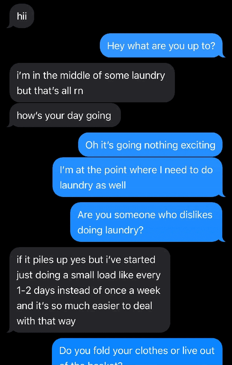 Tinder conversation screenshot full of purposeless information exchange