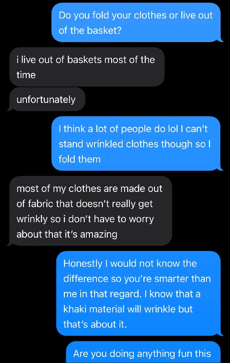 Tinder conversation screenshot full of purposeless information exchange