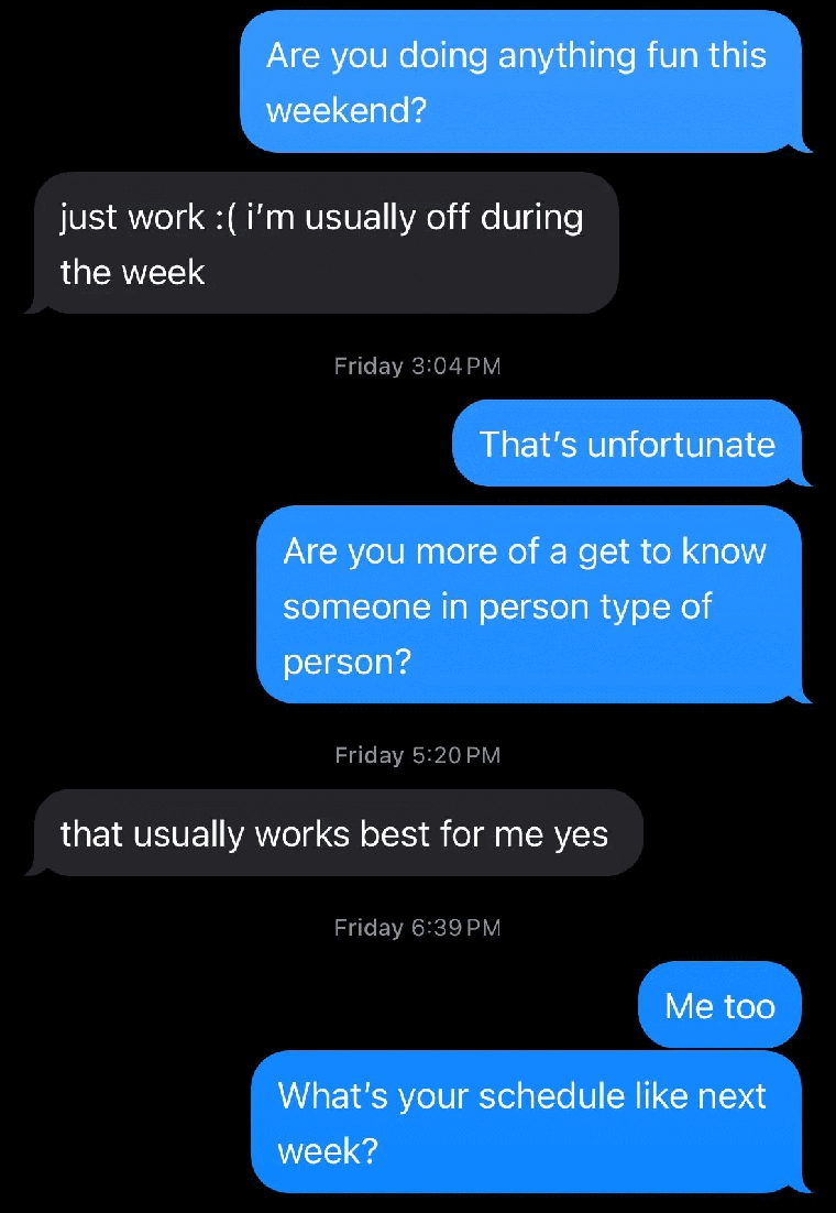 Tinder conversation screenshot full of purposeless information exchange