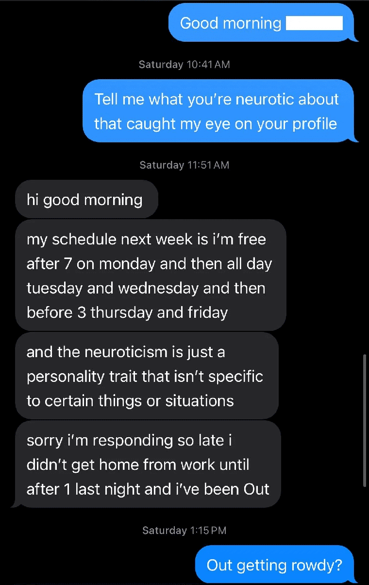 Tinder conversation screenshot full of purposeless information exchange