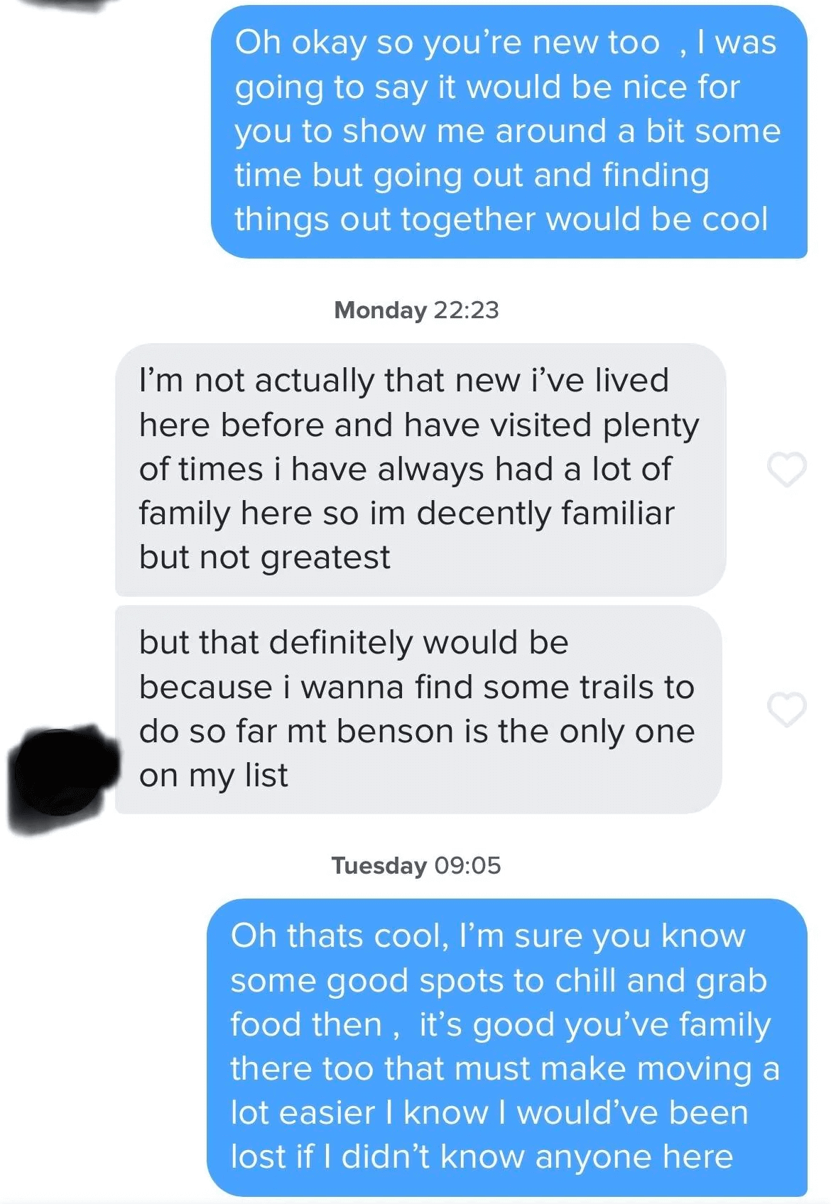 Tinder conversation screenshot that stalls into boring information exchange