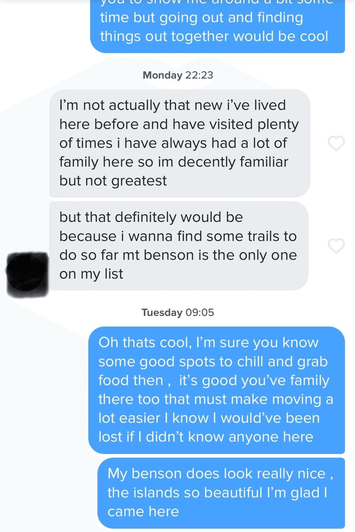 Tinder conversation screenshot that stalls into boring information exchange