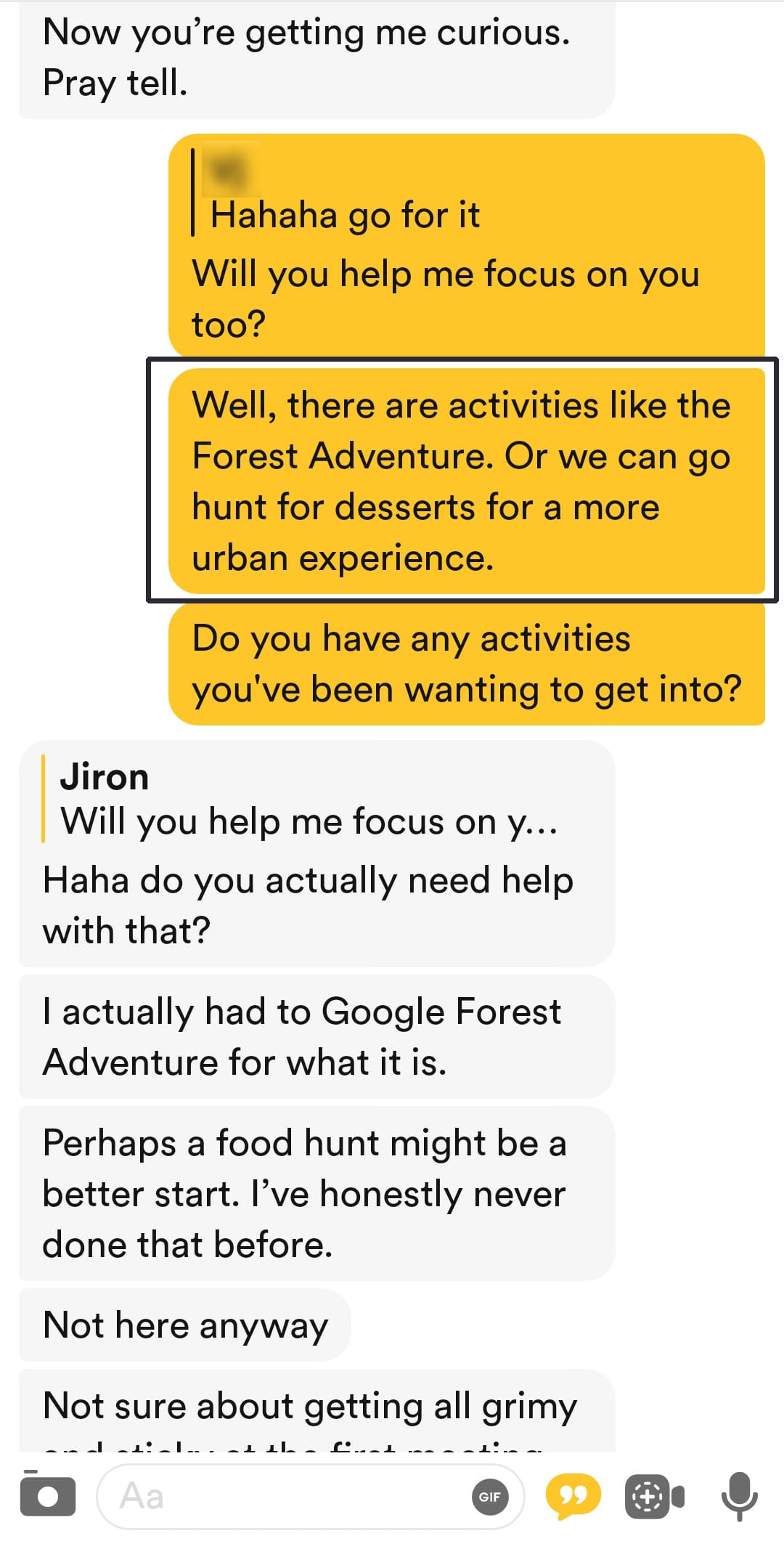 Tinder conversation suggesting a fun food-hunting date activity to foreshadow the first date