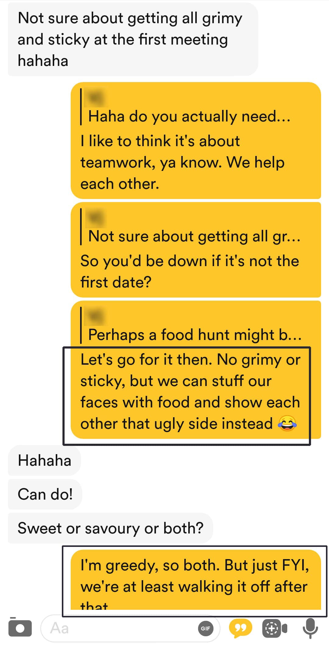 Tinder conversation continuing the foreshadowed food date with a playful, open-ended suggestion