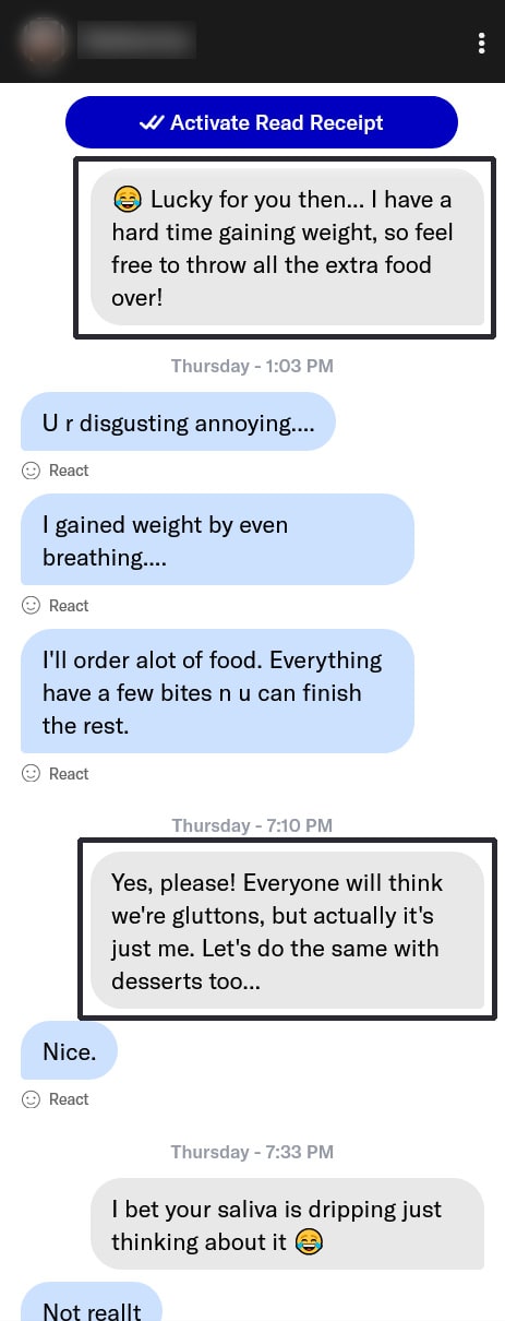 Tinder conversation painting specific imagery about sharing food together on the date