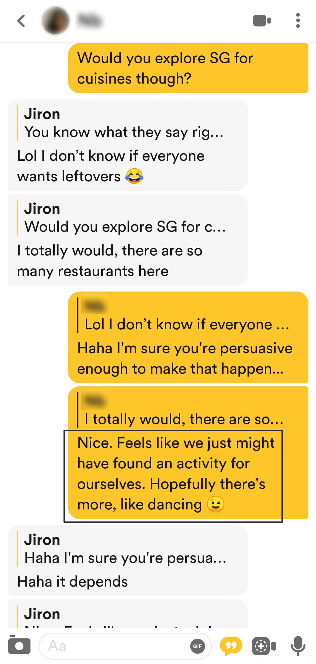 Tinder conversation suggesting exploring Singapore for food, a subtle date foreshadow