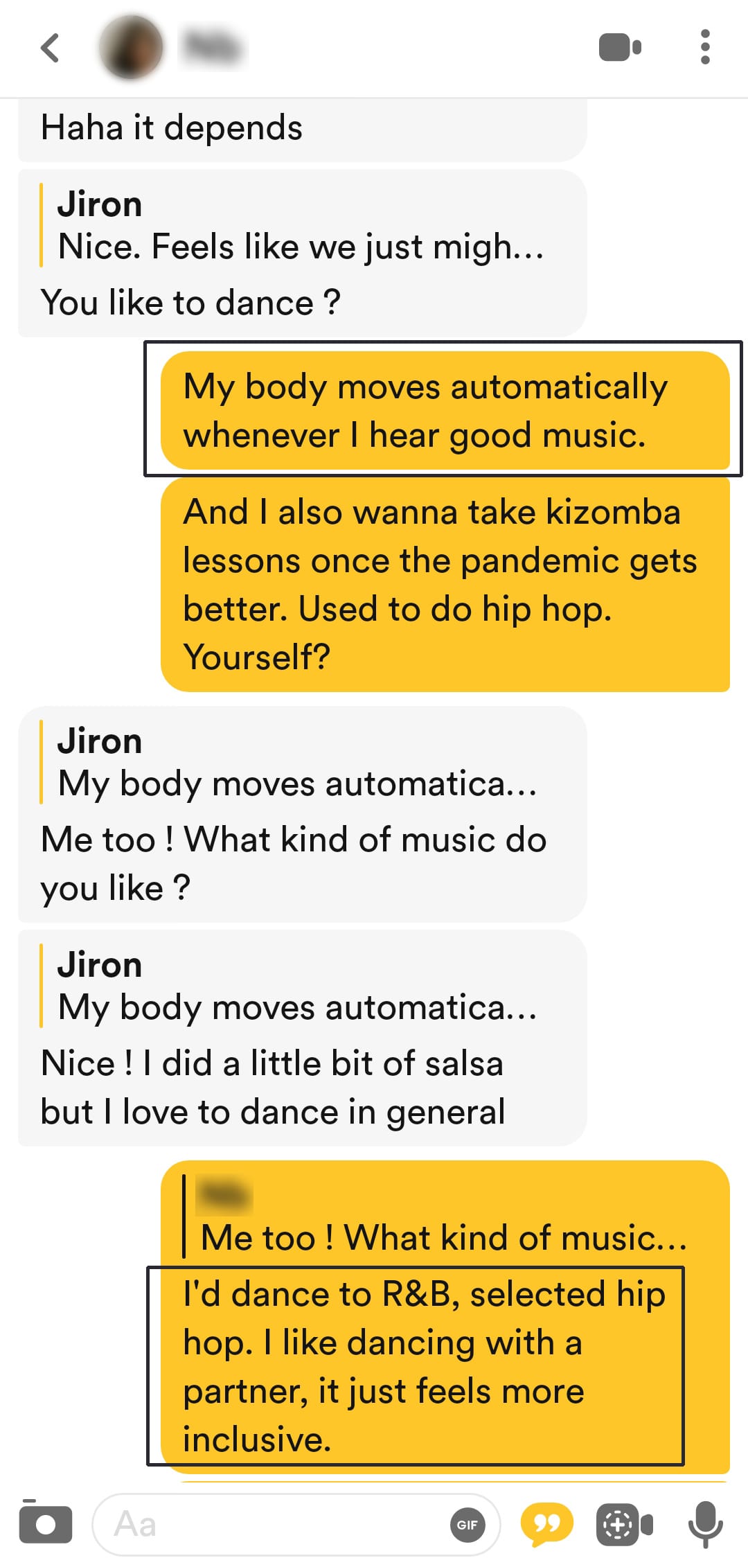 Tinder conversation foreshadowing dancing together without directly describing the date