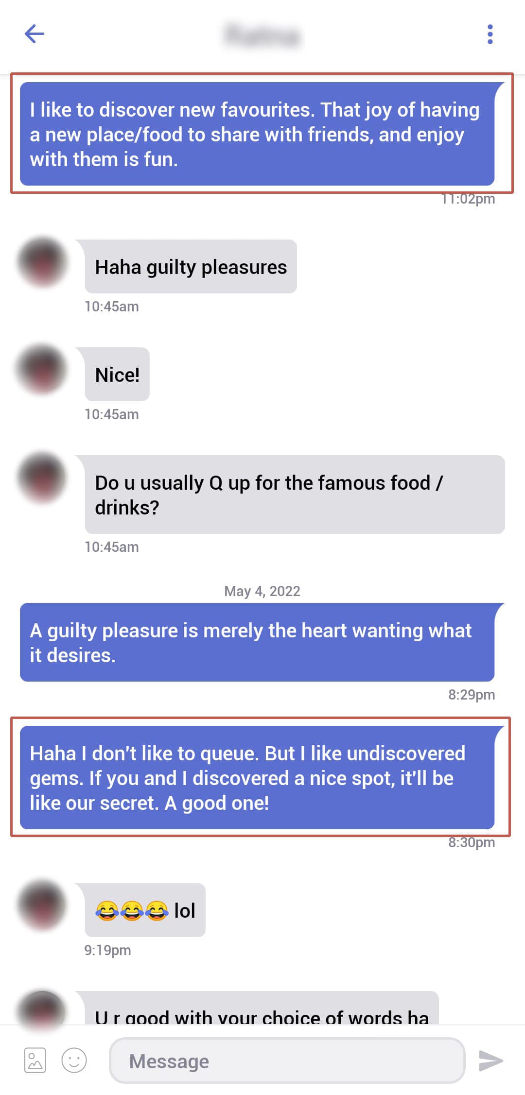 Tinder conversation describing the joy of finding a new food spot to share with friends