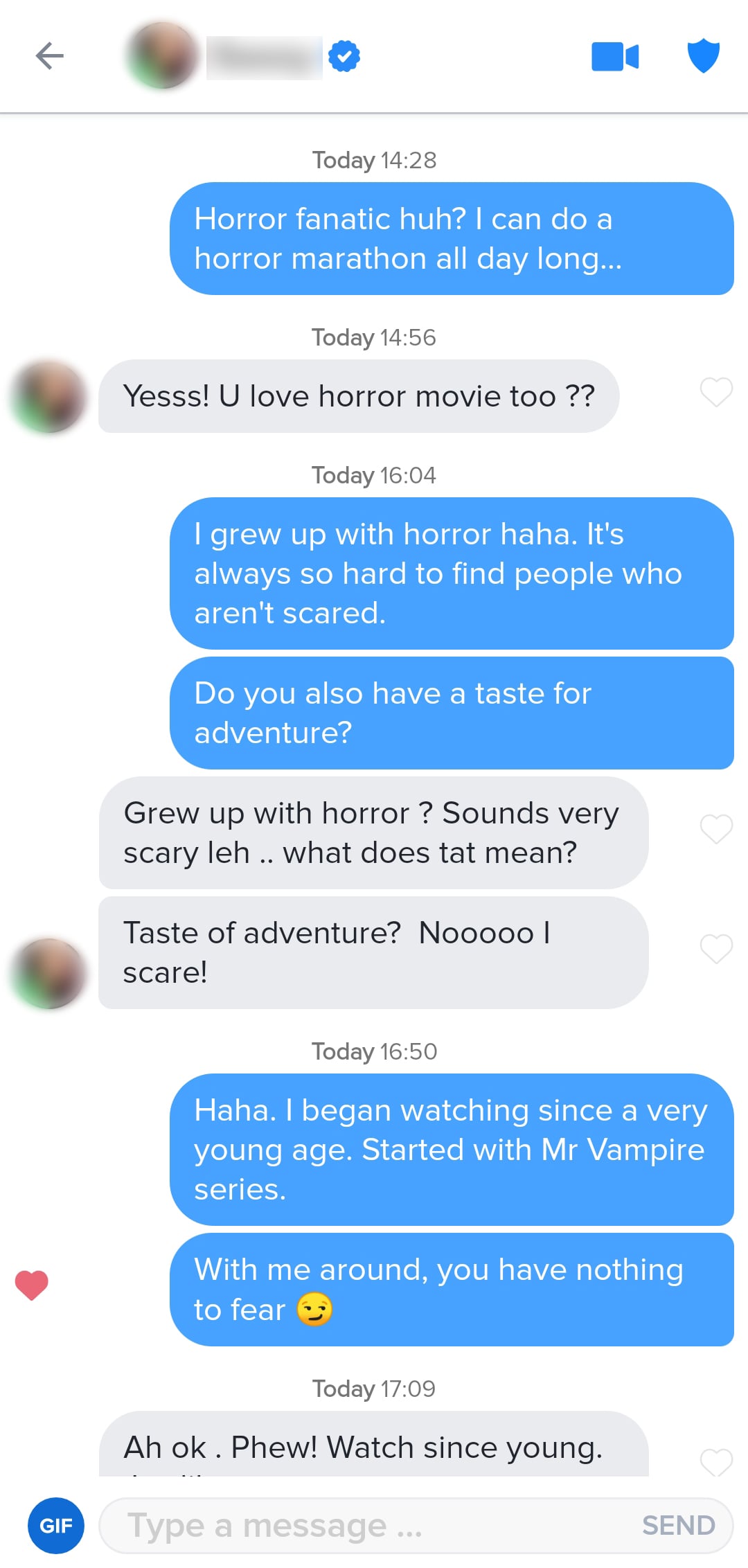 Tinder opener referencing her bio about loving horror movies, used to foreshadow a date idea