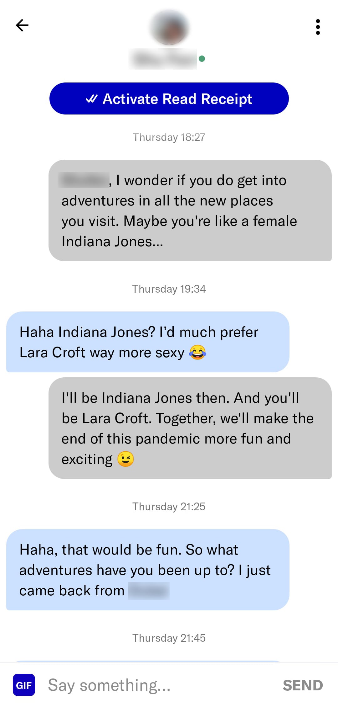 Tinder opener using an Indiana Jones reference linked to her travel-loving bio