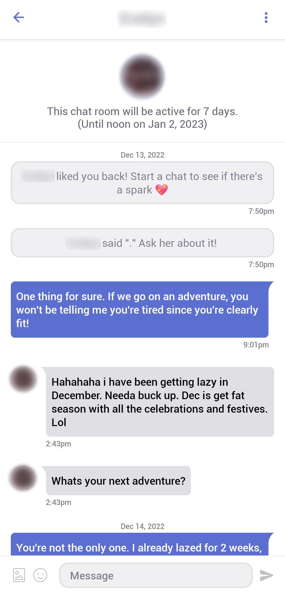 Tinder opener built from her photos instead of her bio, using the word adventure to set up a date idea