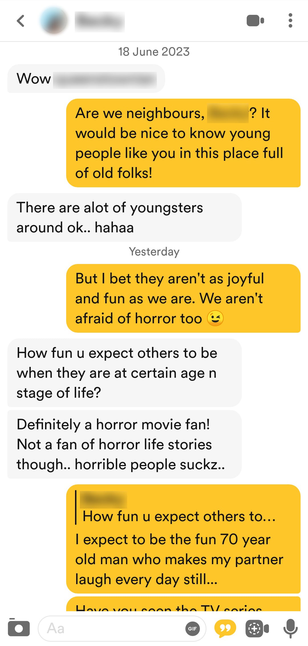 Bumble conversation responding to her opening message about living in the same neighbourhood