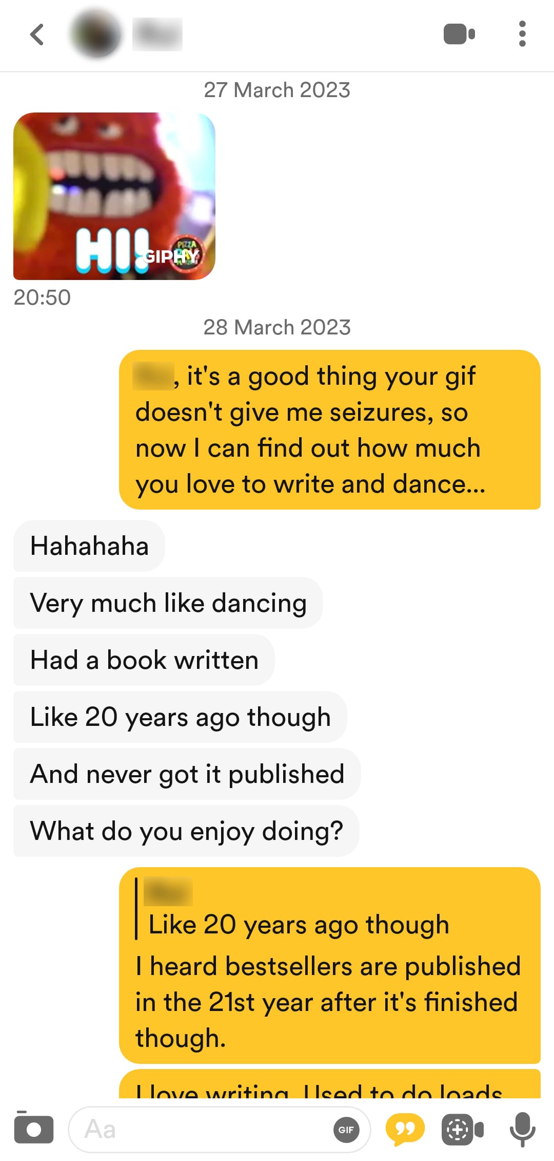 Bumble conversation replying to a GIF opener with a playful, funny message about writing and dancing