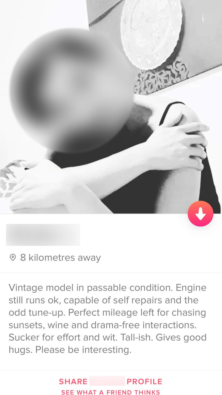 Gemma's Tinder bio describing herself as a vintage model, the line the opener plays off