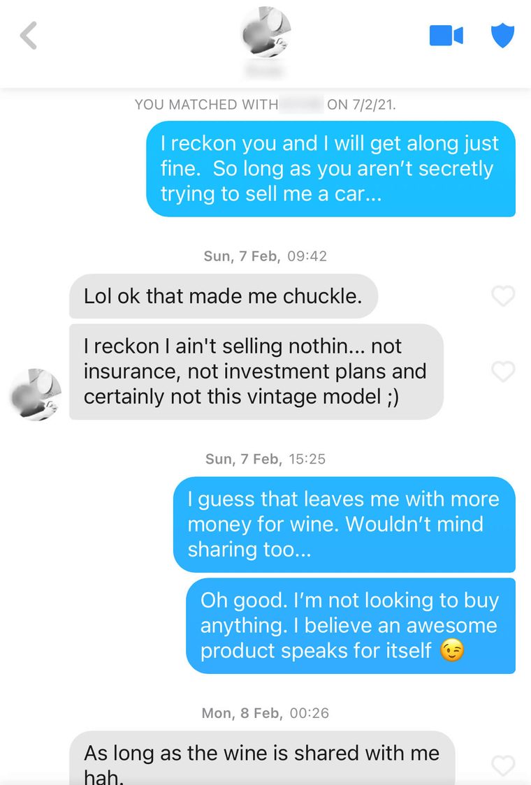 Tinder opener joking about not selling her a car, riffing on her vintage model bio