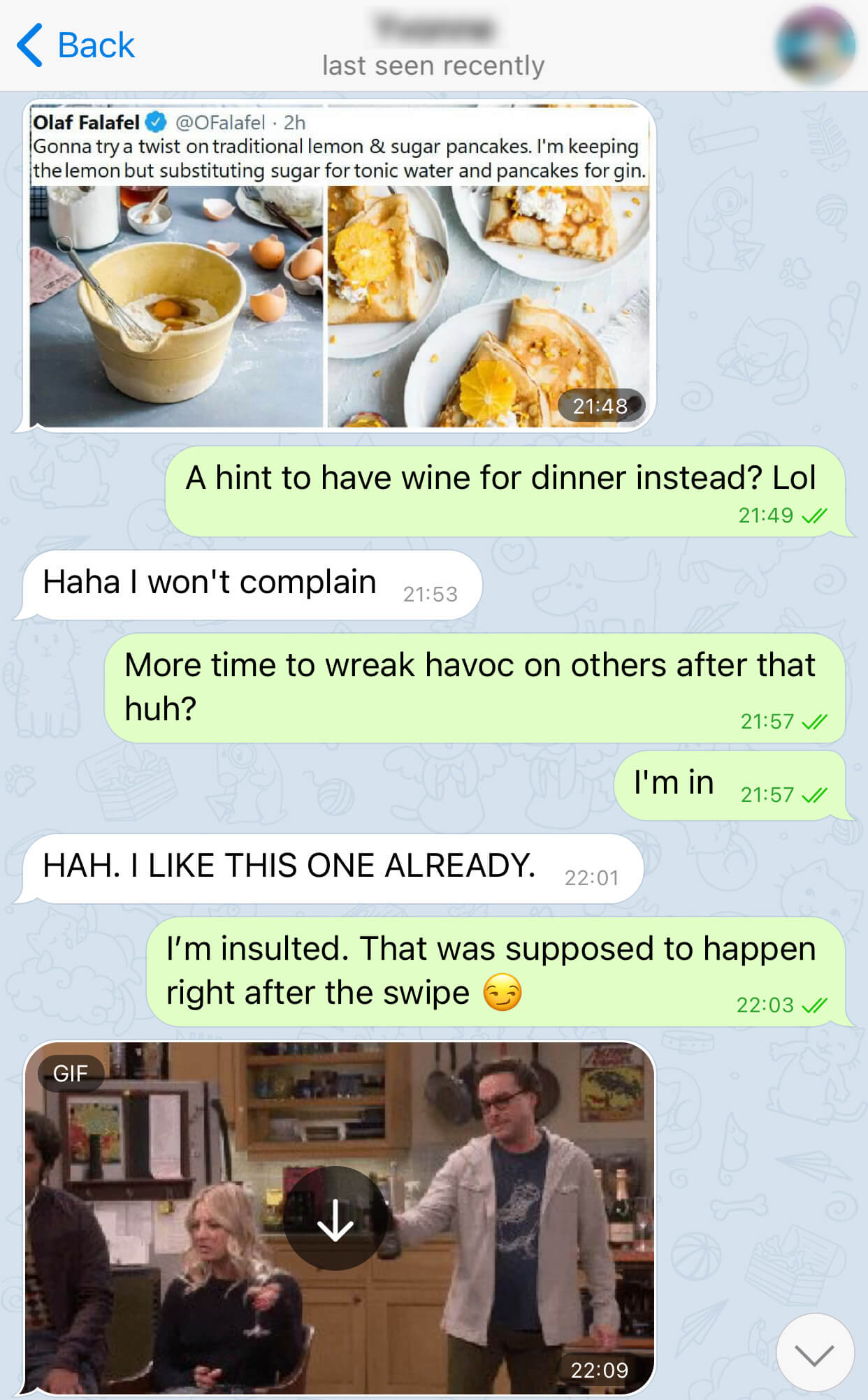 Telegram banter settling logistics with a joke about more time to wreak havoc on others