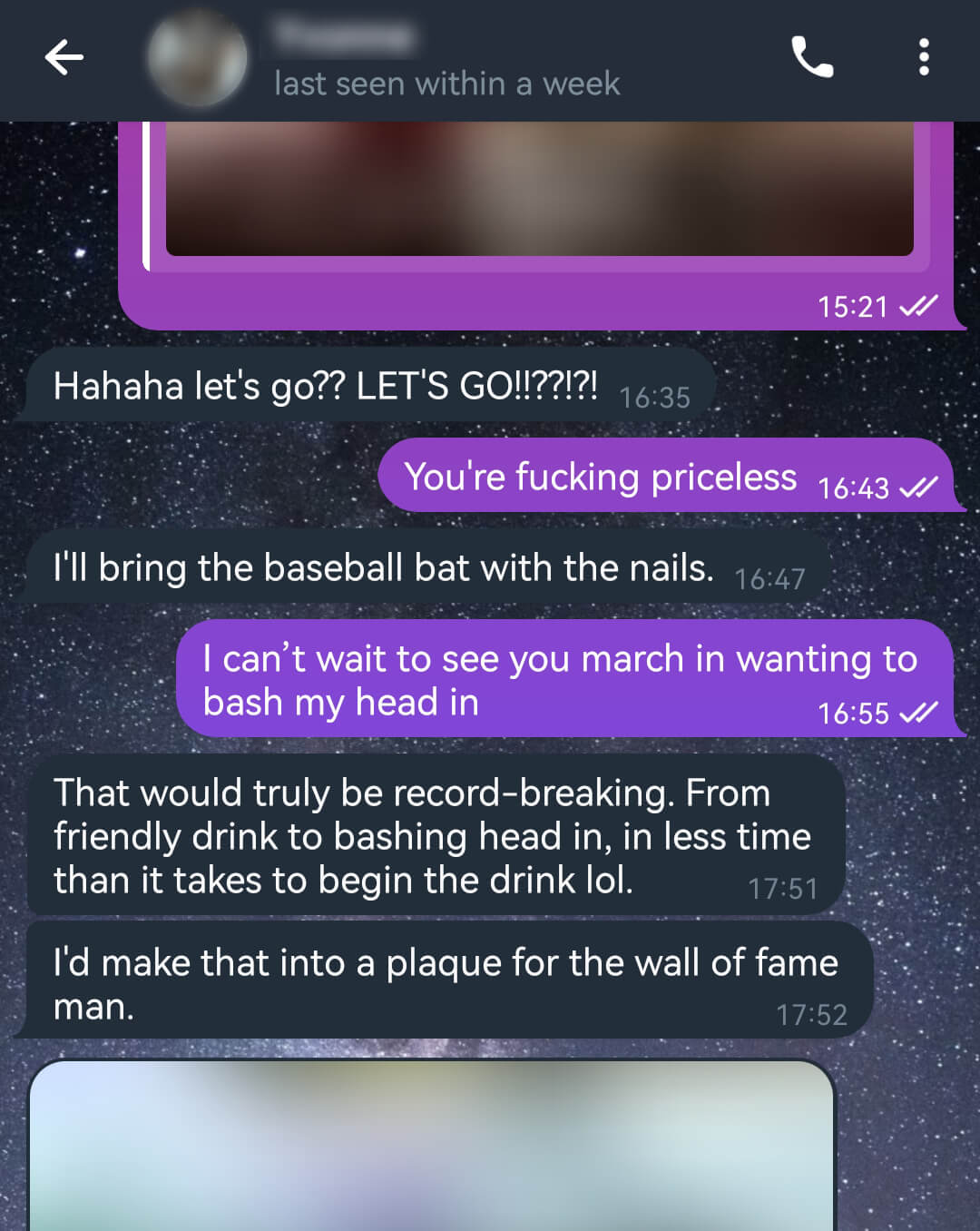 Playful threat to bring a baseball bat with the nails, riffing on the Key and Peele skit