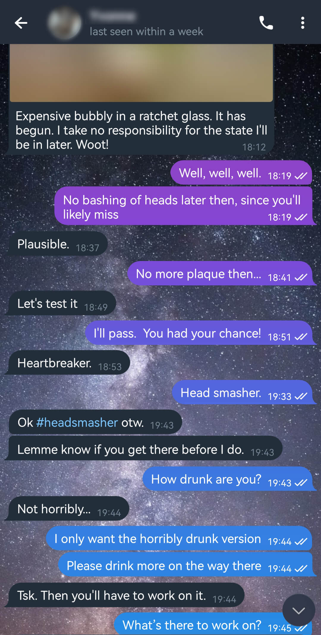 Telegram banter as she starts drinking before the date, trading heartbreaker and head smasher nicknames