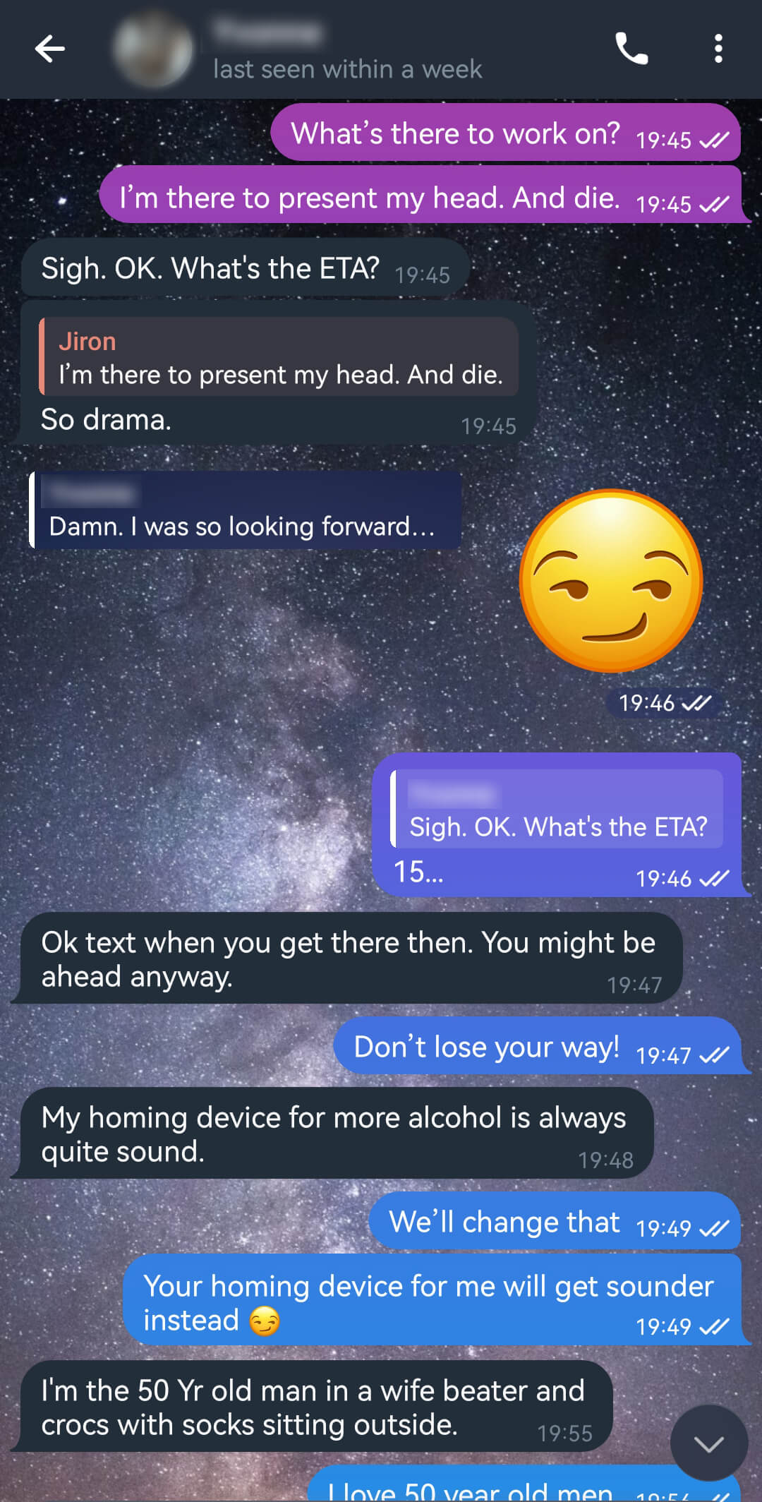 Continued flirty banter on the day of the date about homing devices and getting there