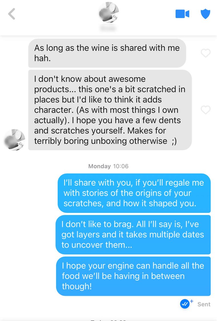 Tinder conversation trading playful scratches and stories banter, setting up a future date