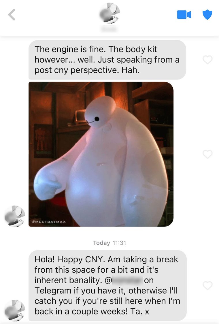 Tinder message about taking a Chinese New Year break and an invite to continue on Telegram