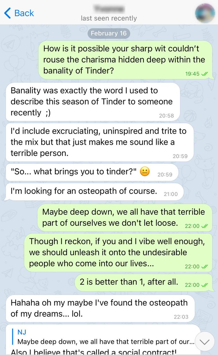 Telegram conversation about the banality of Tinder and what brings her to the app