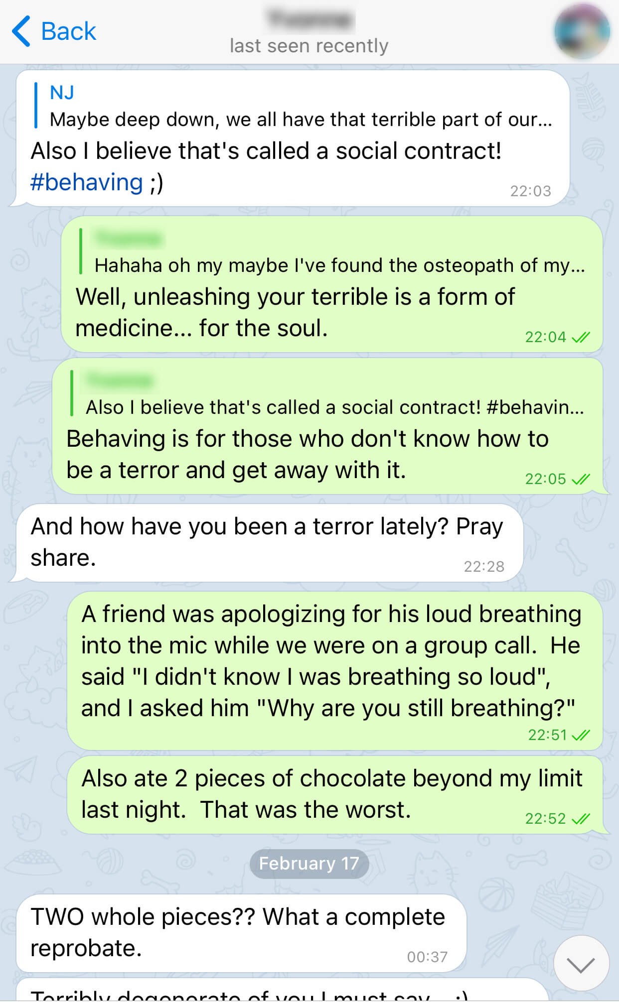 Telegram exchange trading terror jokes, with Gemma asking how have you been a terror lately