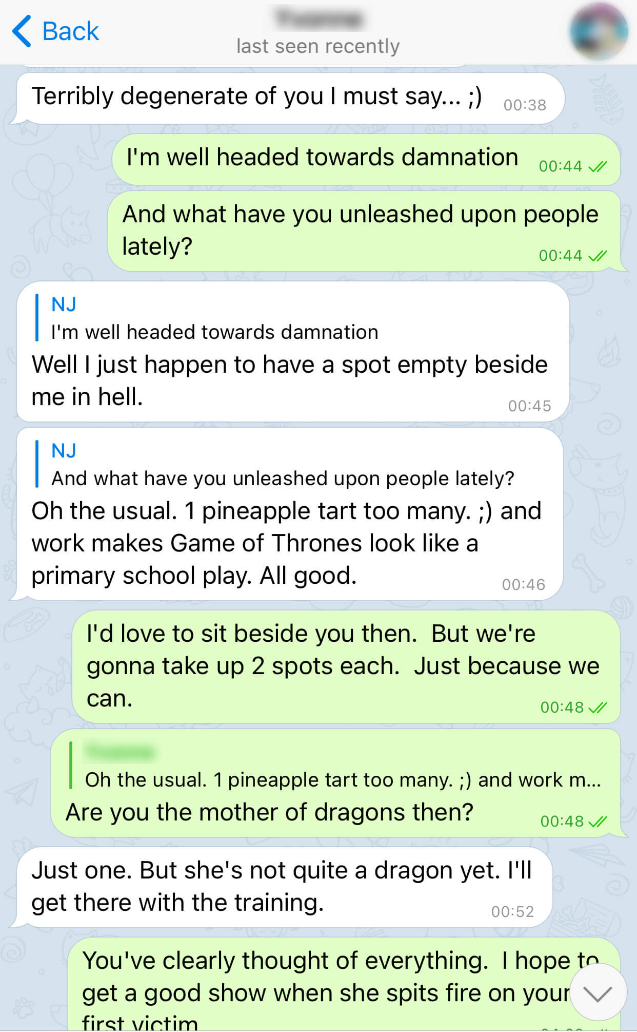 Playful flirting about saving a spot in hell and taking up two spots each, just because we can