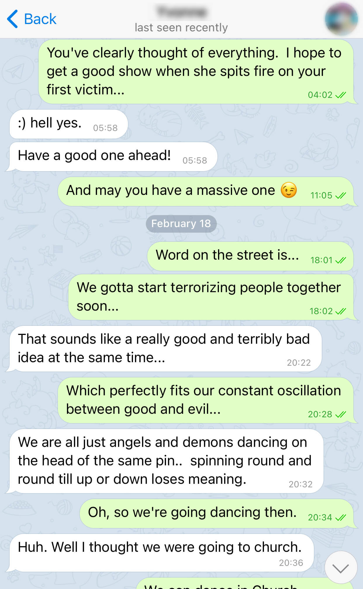 Telegram message suggesting they start terrorizing people together soon, a playful nudge toward a date