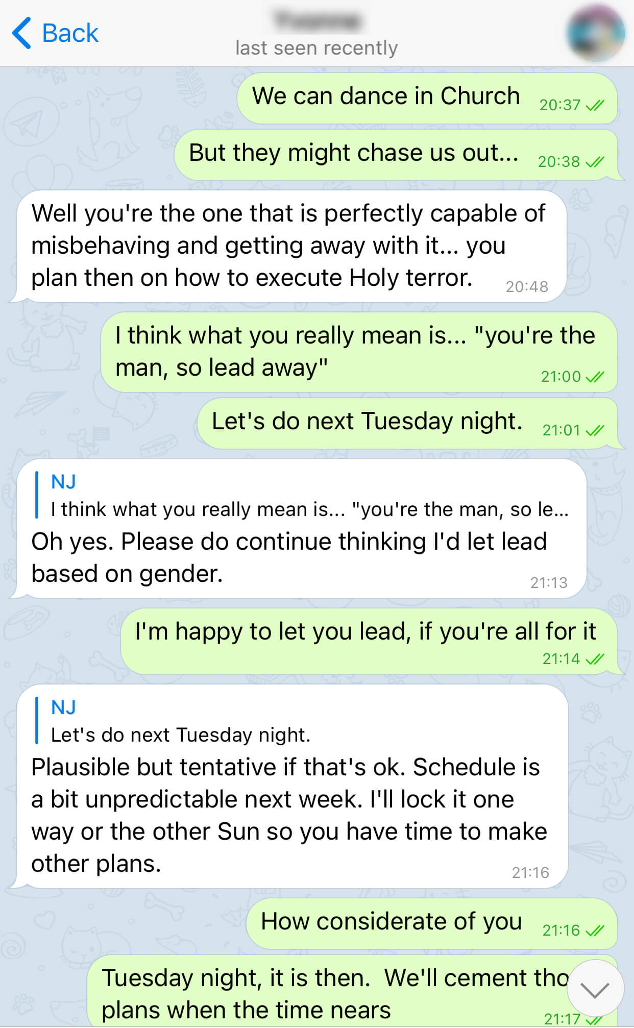 Telegram chat locking in tentative plans for next Tuesday night