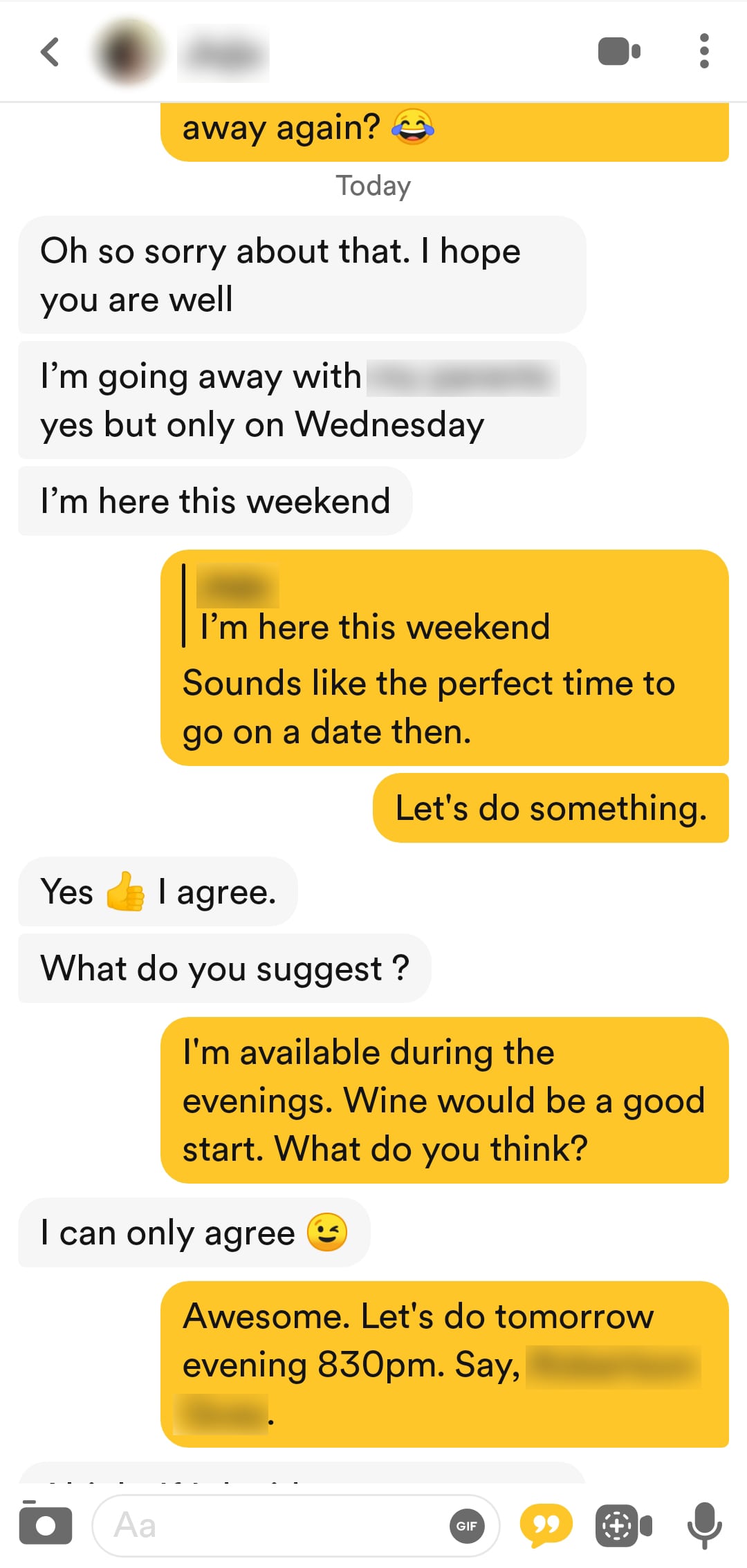 Bumble conversation arranging a date by leading on the time and place