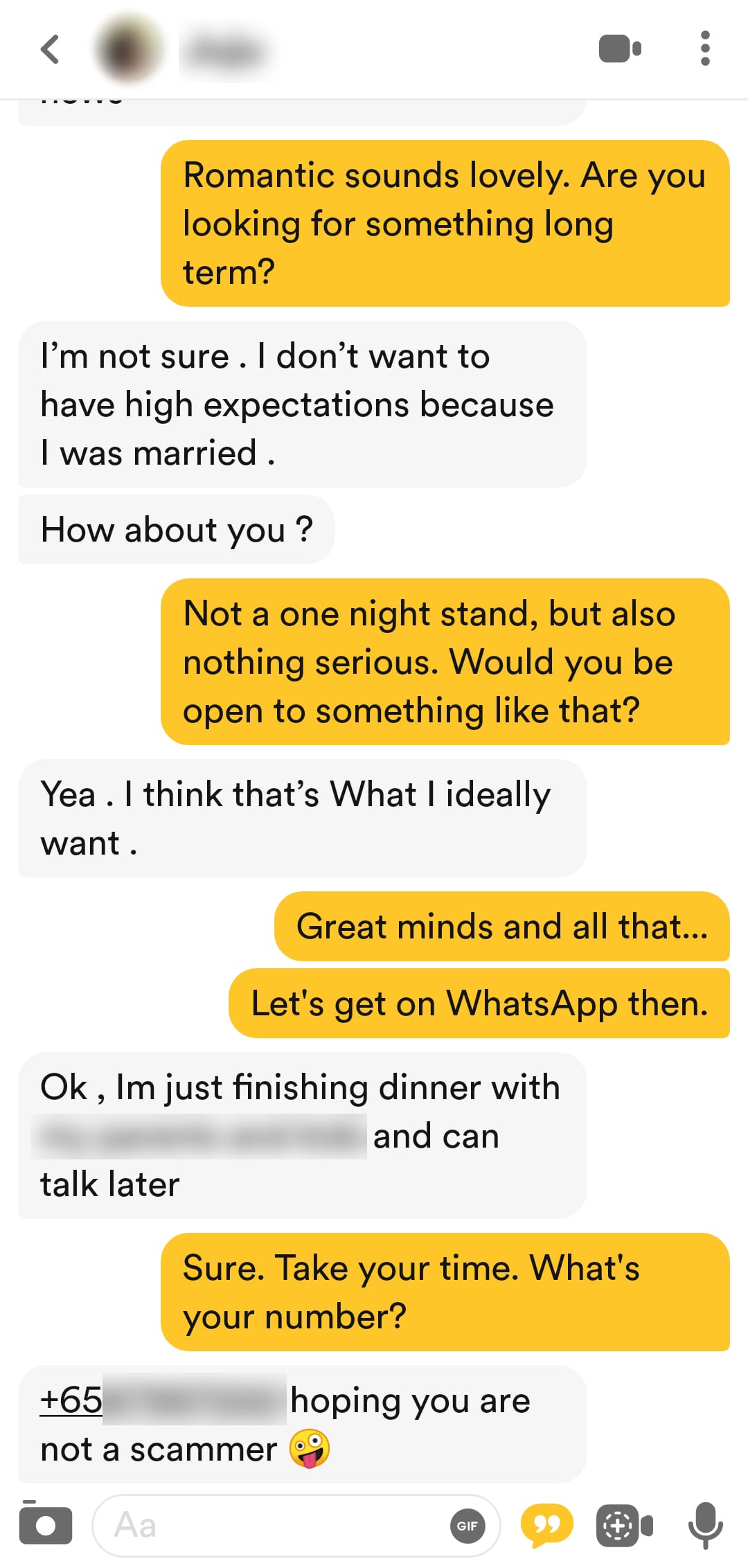 Bumble conversation confirming plans before exchanging WhatsApp numbers