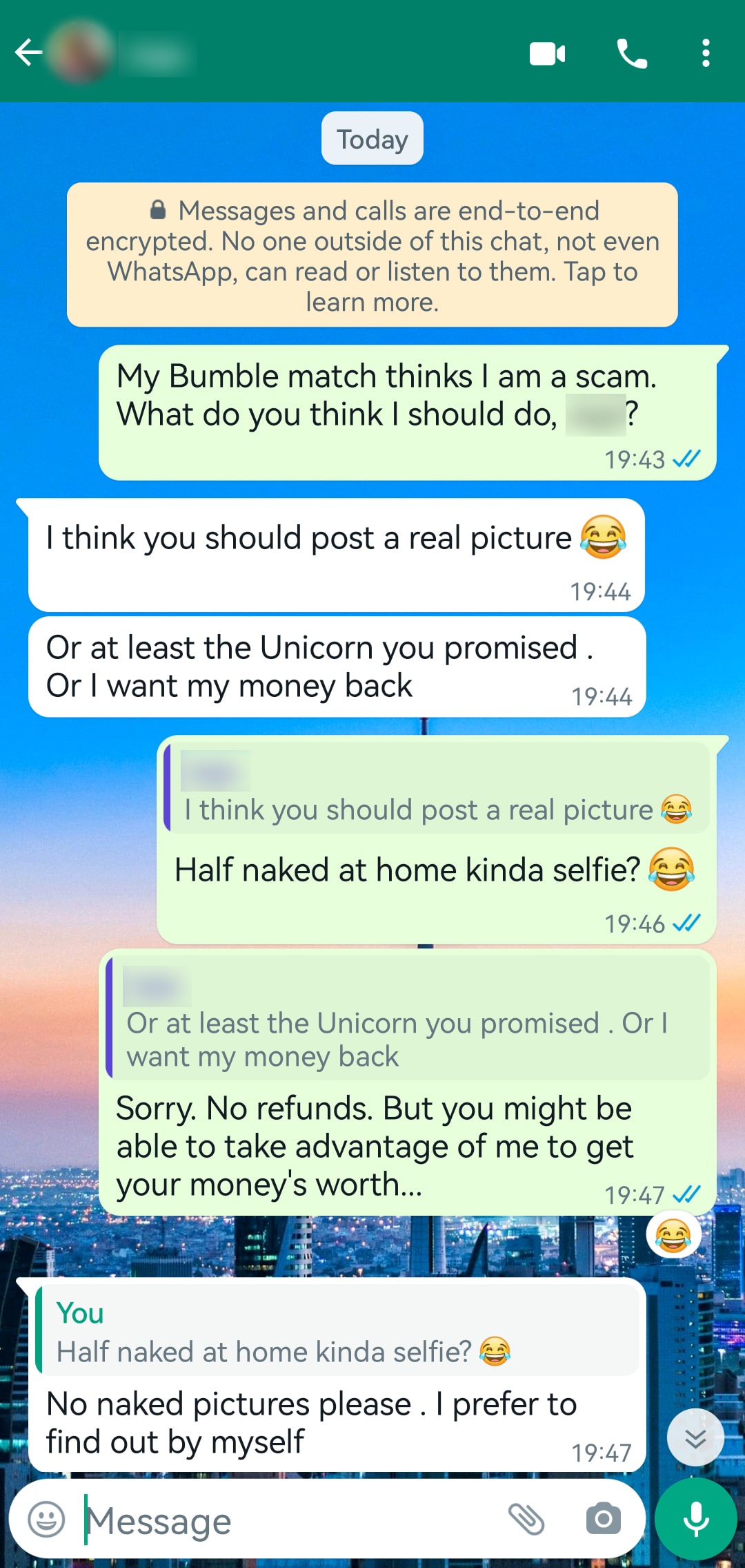 Bumble conversation agreeing on what she's looking for before getting her number