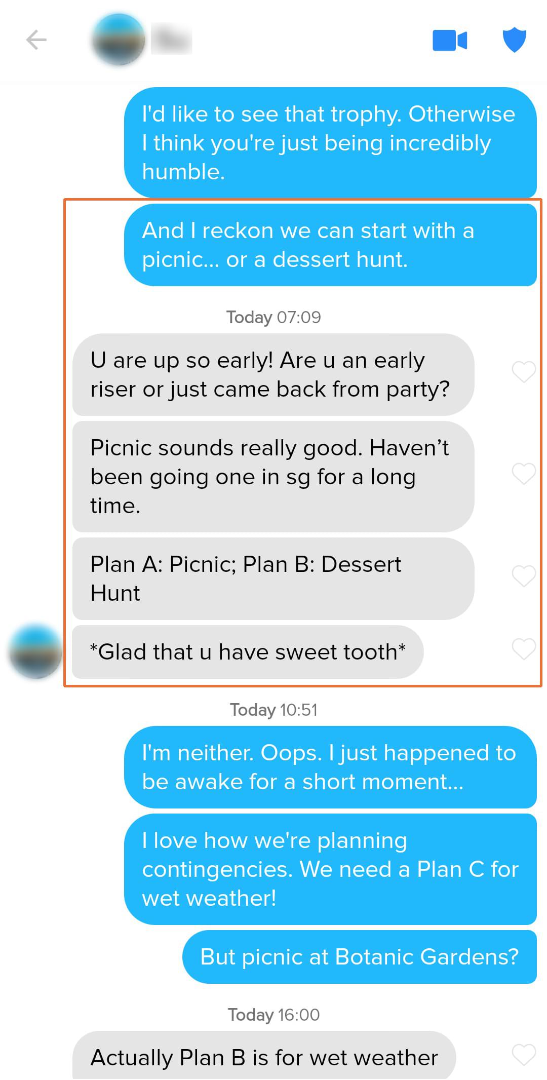Tinder conversation suggesting a picnic and desserts as a unique date idea