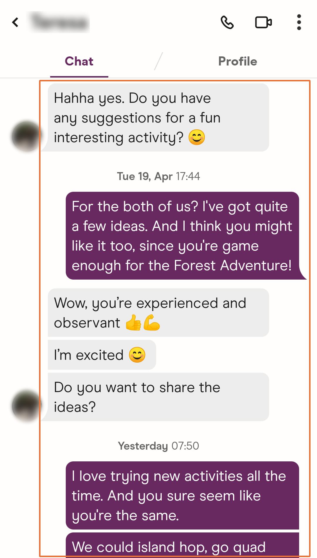 Tinder conversation referencing her zipline video to create an instant connection
