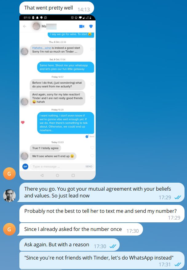 Tinder conversation screenshot showing a student successfully getting a girl's number using Quick Rapport