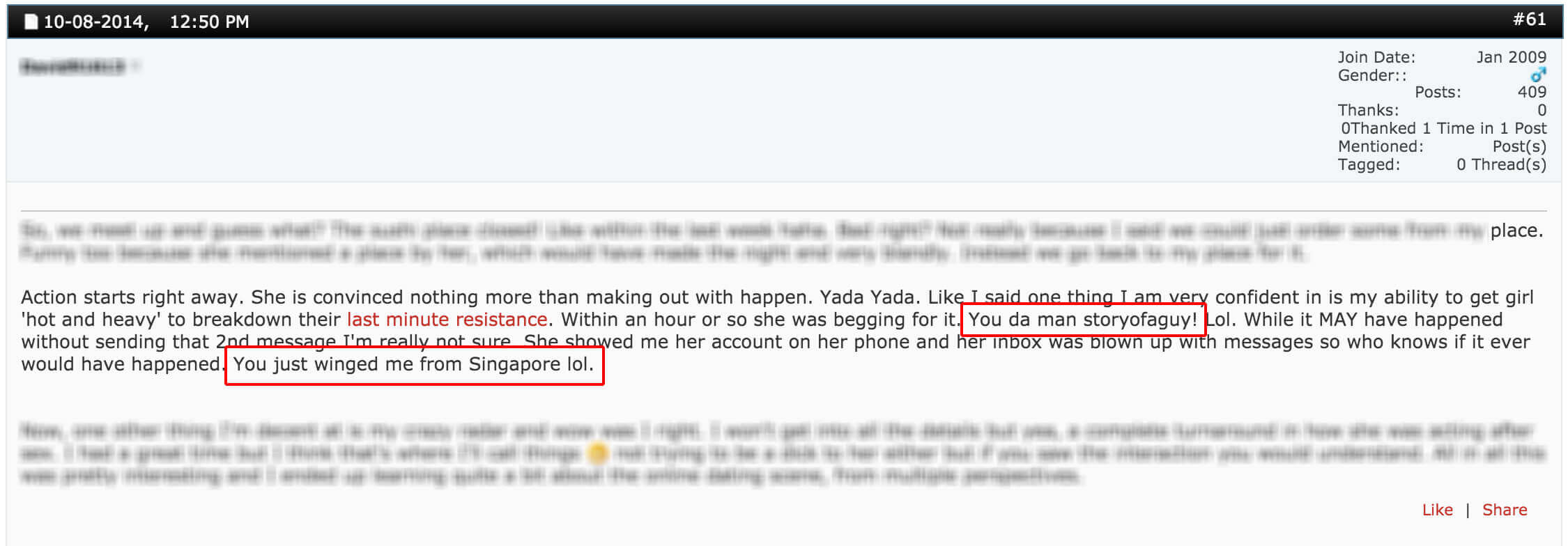 2014 forum post: "You just winged me from Singapore"