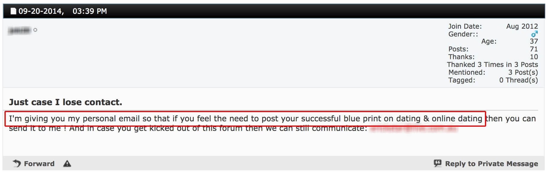 2014 forum PM: member sending his personal email address